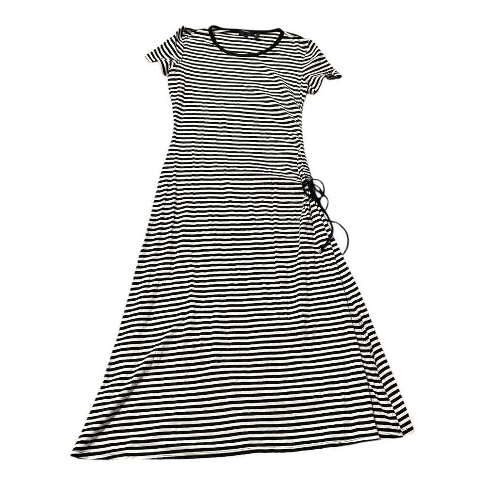 Theory Striped Short Sleeve Dress - Medium - Grey White - Casual Midi Minimalist